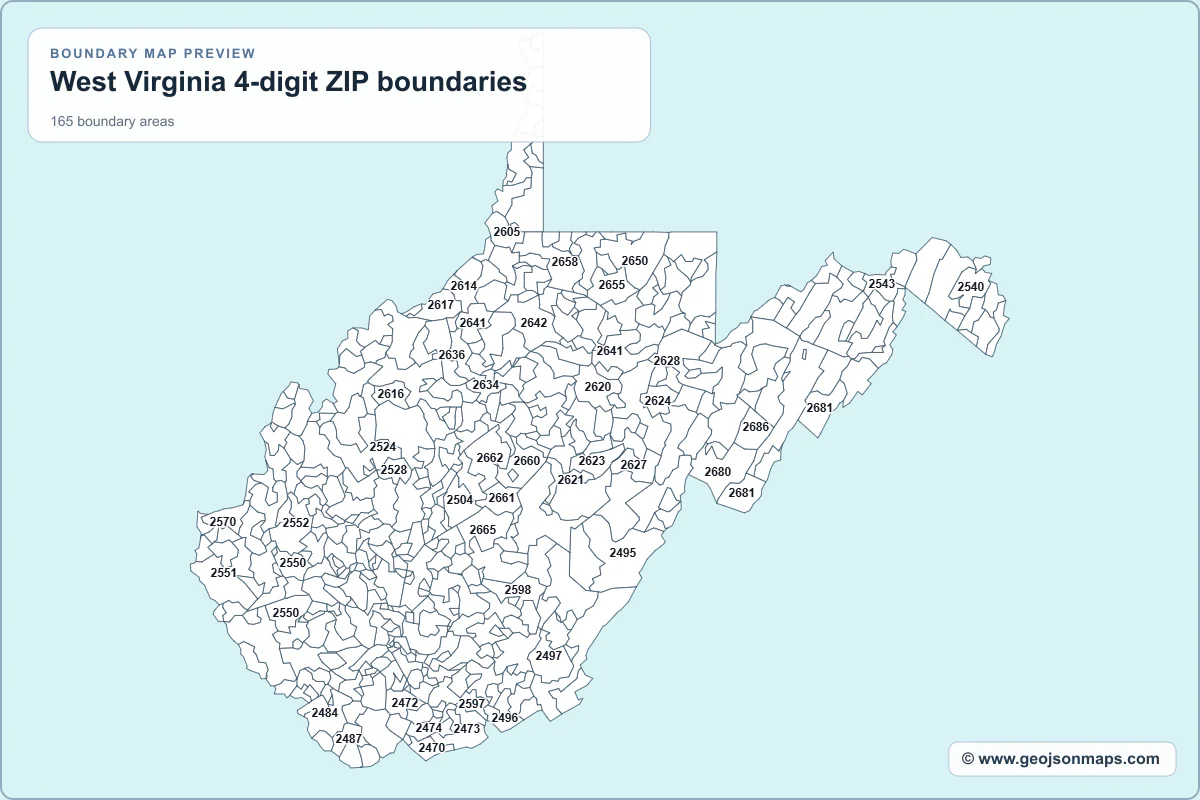 Preview of West Virginia 4-digit ZIP boundaries map