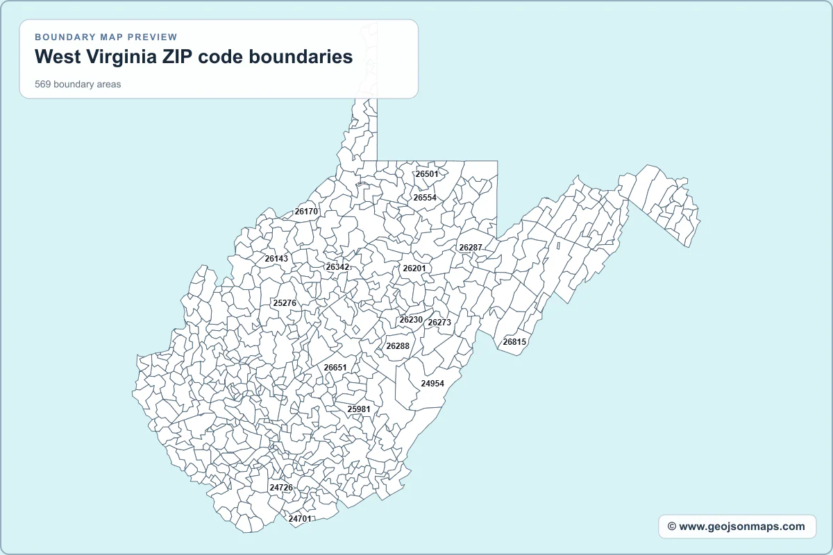 Preview of West Virginia ZIP code boundaries map