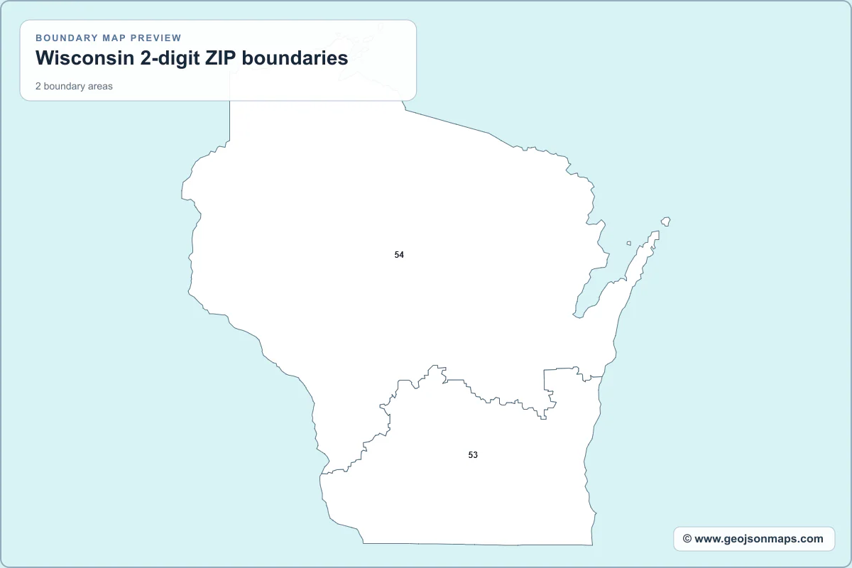 Preview of Wisconsin 2-digit ZIP boundaries map