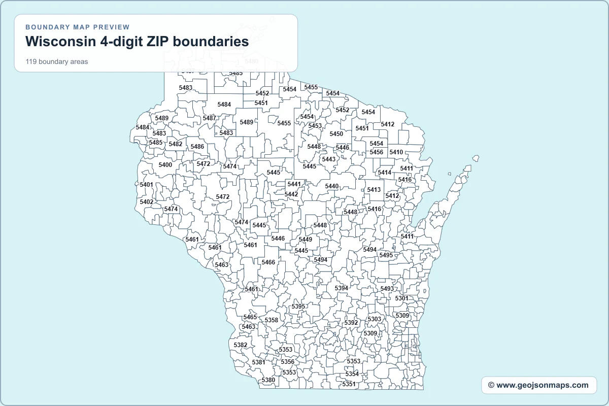 Preview of Wisconsin 4-digit ZIP boundaries map