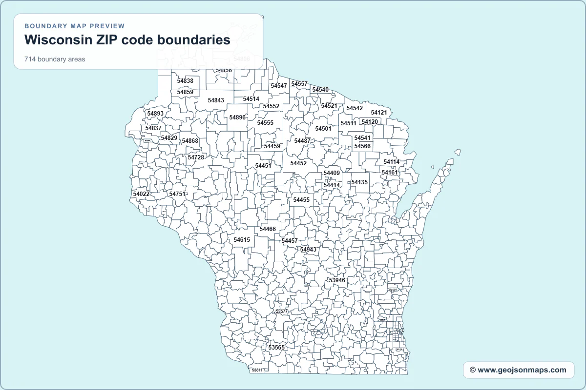 Preview of Wisconsin ZIP code boundaries map
