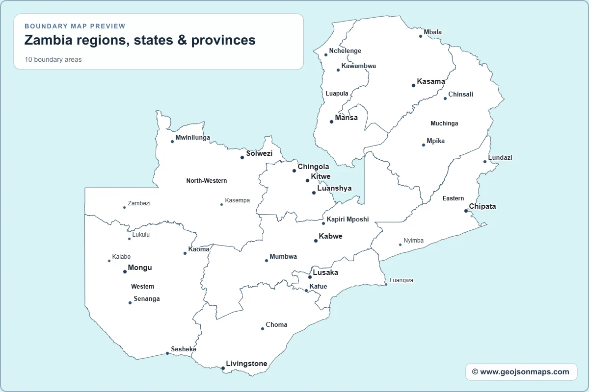 Preview of Zambia regions, states & provinces map