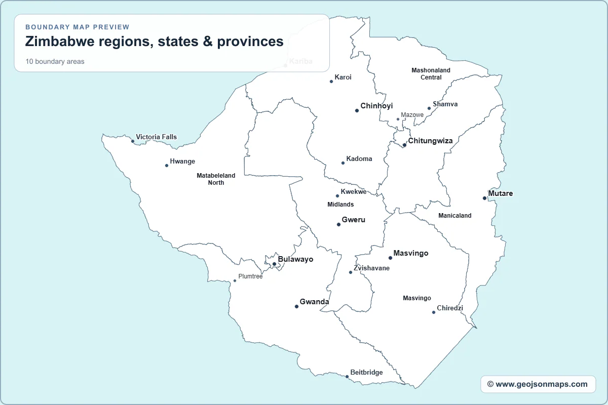 Preview of Zimbabwe regions, states & provinces map