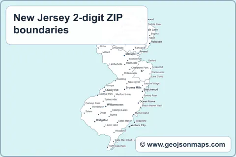 Preview of New Jersey 2-digit ZIP boundaries map